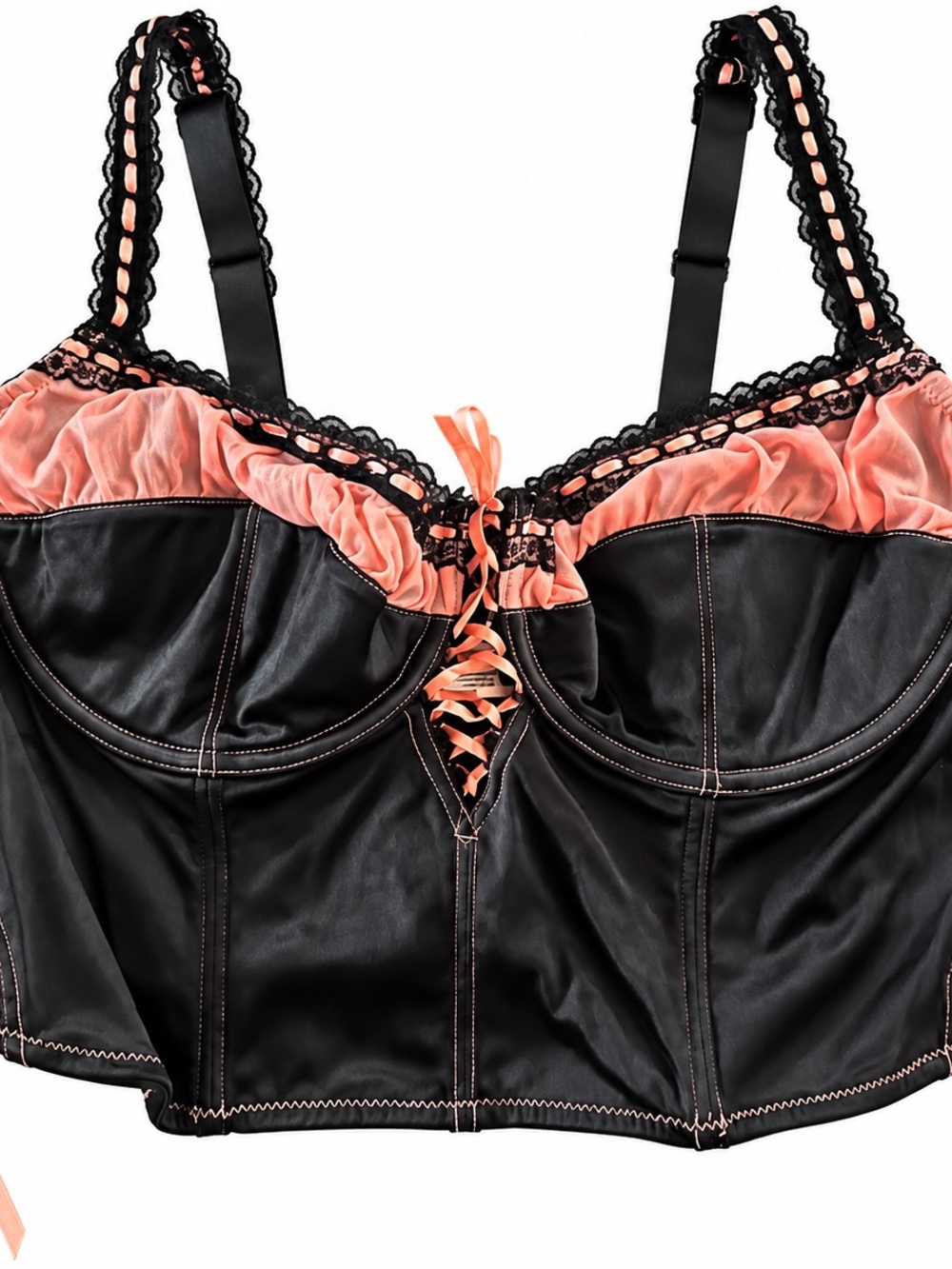 Vintage Black and Peach Lace-Trim Bustier Top 40C